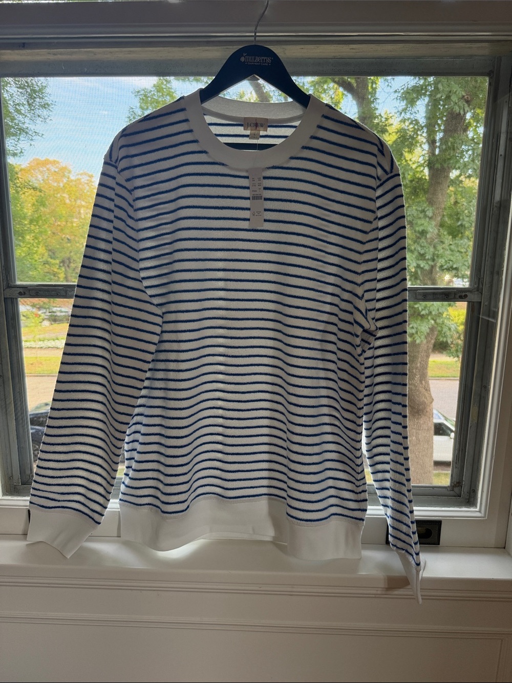 J.Crew Blue & White Striped Terry Knit Crewneck Top Sweater Size L